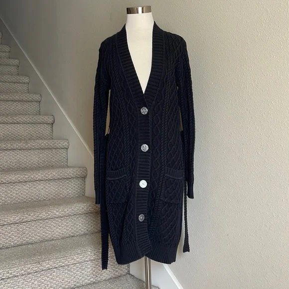 Banana Republic Sz M Belted Black Chunky Knit  Button Down Long Cardigan - Picture 2 of 16